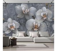 SMBHIAON Grey Wallpaper White Orchid Print Wallpaper Floral Vortex Design Wall Mural 350 × 256 Cm Large Photo Wallpapers for Bedroom Living Room Tv Backdrop Hallway