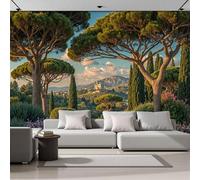 SMBHIAON Hillside Pine Tree Pattern Wall Mural -Green Mediterranean Garden Landscape, 3D Panoramic Wallpaper, 150 × 105 Cm, Wall Sticker Poster for Living Room, Bedroom & Home Decoration