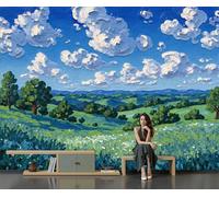 SMBHIAON Impressionist Oil Painting Mural Wallpaper,Green Fields Trees Panoramic Wallpaper, Wall Mural Decoration Poster 350 × 256 Cm Murals for Living Room Bedroom Hallway, Blue