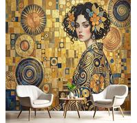 SMBHIAON Klimt Style Mural Wallpaper,Female Portraits Sun Paintings Panoramic Wallpaper, Wall Mural Decoration Poster 350 × 256 Cm Murals for Living Room Bedroom Hallway, Gold Blue
