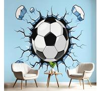 SMBHIAON Light Blue Wallpaper, Football Breaks Through The Wall Mural Wallpaper, Cartoon Fun Sports Room Decor Wall Art for Living Room Bedroom Kitchen 350 × 256 Cm