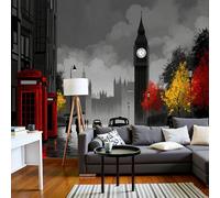 SMBHIAON London Rain Scenemural Wallpaper,Big Ben Red Telephone Booth Panoramic Wallpaper, Wall Mural Decoration Poster 200 × 140 Cm Murals for Living Room Bedroom Hallway, Black Gray