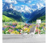 SMBHIAON Magnificent Mountain Scenery Wallpaper Snow-Capped Mountains Wildflower Scene Wall Murals for Bedroom Living Room Tv Backdrop Hallway Hall Lounge,450 × 315 Cm,Blue