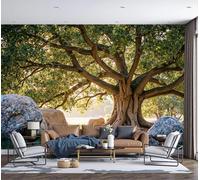 SMBHIAON Majestic Oak Tree Wall Mural 3D Sunlight Filtering Through The Leaves Wallpaper Large Sage Green Wall Wallpaper for Living Room Bedroom 300 × 210 Cm