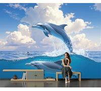 SMBHIAON Marine Life Mural Wallpaper,Dolphins Leaping Out of The Water Panoramic Wallpaper, Wall Mural Decoration Poster 300 × 210 Cm Murals for Living Room Bedroom Hallway, Blue