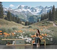 SMBHIAON Meadows Wildflowers Murals, Snow-Capped Mountains Forest Scenery Wall Mural Wallpaper, Orange Wallpaper for Bedroom Living Room Decor 150 × 105 Cm (Not Self-Adhesive)