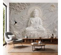 SMBHIAON Modern Zen Wall Murals,300 × 210 cmBuddha Statue White Lotus Tree Shadow Photo Wallpaper Silk Wall Covering 3D Effect Poster Picture for Living Room Bedroom Office,Off White