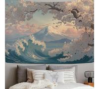 SMBHIAON Mount Fuji Cherry Blossoms Ocean Waves Tapestry, Japanese Ukiyo-E Style Wall Hanging Tapestries,Light Blue Wall Art for Bedroom Living Room,100 x 75 cm