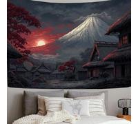 SMBHIAON Mount Fuji Sunset Thatched Cottage Tapestry Ukiyo-E Style Wall Tapestry Mount Fuji Sunset Thatched Cottage Wall Hanging Bedroom Home Decor (150 x 130 cm, Dark Red)