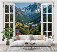 SMBHIAON Mountain Peaks Meadows Window Views Wallpaper Rural Countryside Wallpaper Feature Wall Living Room Bathroom Waterproof Olive Green Wall Paper 300 × 210 cm