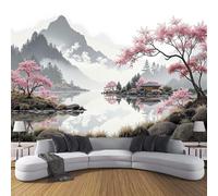 SMBHIAON Mountains Rivers Cherry Blossom Scenery Wall Mural 150×105 cm - Pink Gray Traditional Ink Painting for Living Room, Bedroom & Kitchen Home Decor