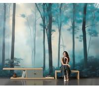 SMBHIAON Mysterious Forest Wall Mural 3D Misty Trees Wallpaper Large Blue-Green Wall Wallpaper for Living Room Bedroom 300 × 210 Cm