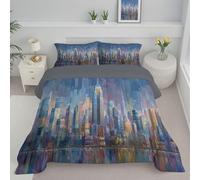 SMBHIAON New York City Lscape Single Duvet Set with 1 Pillowcases Coverless Duvet with Skyscrapers Architectural Elements Washable Reversible All Seasons Lightweight Warm - 140x200cm - Blue