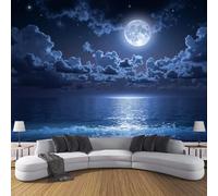 SMBHIAON Night Sky Full Moon Elements Wall Mural -Navy Blue Blue Ocean Night Scene, 3D Panoramic Wallpaper, 250 × 175 cm, Wall Sticker Poster for Living Room, Bedroom & Home Decoration