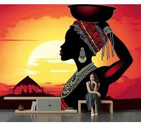 SMBHIAON Orange-Red Wallpaper, African Beauty with Water On Her Head Mural Wallpaper, Beautiful Sunset Room Decor Wall Art for Living Room Bedroom Kitchen 200 × 140 Cm