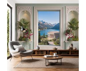 SMBHIAON Palm Flower Temple Photo Wallpaper, Luxury Silk Wall Mural Decor Carved Arch Niche Wall Sticker for Bedroom, Living Room, Sofa Backdrop Decor 450 × 315 cm, Sage Green