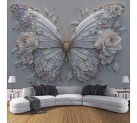 SMBHIAON Panoramic Wallpaper 3D Relief,3D White Butterfly and Flower Design Effect Photo Wallpaper,Beige Mural Panoramic,Large Photo Mural 450 × 315 Cm for Bedroom Living Room Office Decoration