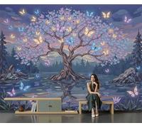 SMBHIAON Panoramic Wallpaper,A Dreamy Fairytale Scene Silk Cloth Wall Murals,Pink Flowers Trees Butterflies Mural Wallpaper for Living Room Bedroom Home Decoration,Purple,350 × 256 Cm