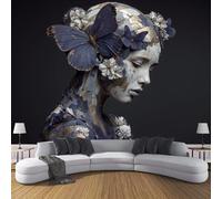 SMBHIAON Panoramic Wallpaper,Abstract Art Silk Cloth Wall Murals,Blue Butterfly Human Head Mural Wallpaper for Living Room Bedroom Home Decoration,Blue,250 × 175 Cm