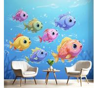 SMBHIAON Panoramic Wallpaper,Cute Underwater World Silk Cloth Wall Murals,Cartoon Fish Ocean Tour Mural Wallpaper for Living Room Bedroom Home Decoration,Blue,350 × 256 Cm