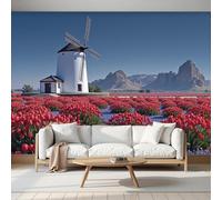 SMBHIAON Panoramic Wallpaper Dutch Countryside Scenery,3D Windmills Tulip Fields Effect Photo Wallpaper,Red Mural Panoramic,Large Photo Mural 450 × 315 Cm for Bedroom Living Room Office Decoration
