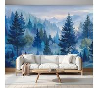 SMBHIAON Panoramic Wallpaper,Forest Landscape Painting Silk Cloth Wall Murals,A Light Mist A Tall Pine Forest Mural Wallpaper for Living Room Bedroom Home Decoration,Blue,450 × 315 Cm