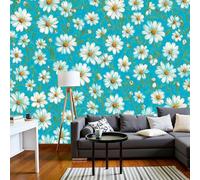 SMBHIAON Panoramic Wallpaper Fresh Plants Flowers,3D White Daisy Pattern Effect Photo Wallpaper,Turquoise Mural Panoramic, Large Photo Mural 300 × 210 Cm for Bedroom Living Room Office Decoration