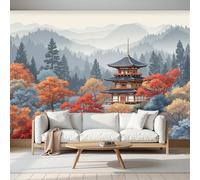 SMBHIAON Panoramic Wallpaper Japanese Temple Scenery,3D Tree and Mountain Patterns Effect Photo Wallpaper,Red Mural Panoramic,Large Photo Mural 450 × 315 Cm for Bedroom Living Room Office Decoration