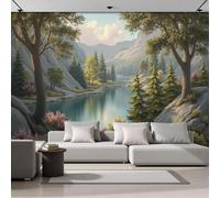 SMBHIAON Panoramic Wallpaper Lake Scenery,3D Trees Mountain Scenery Effect Photo Wallpaper,Blue Mural Panoramic, Large Photo Mural 400 × 280 Cm for Bedroom Living Room Office Decoration