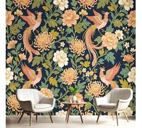 SMBHIAON Panoramic Wallpaper Mural Emerald Green,Traditional Flowers,Phoenix and Peony Patterns Effect, 350 × 256 Cm Wall Sticker Poster Decoration