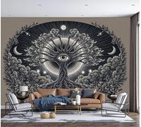 SMBHIAON Panoramic Wallpaper,Mysterious Celestial Bodiessilk Cloth Wall Murals,Tree Moon and Sun Symbols Mural Wallpaper for Living Room Bedroom Home Decoration,Grey,350 × 256 Cm