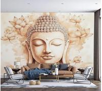SMBHIAON Panoramic Wallpaper,Oriental Art Silk Cloth Wall Murals,Buddhist Statues Lotus Paintings Mural Wallpaper for Living Room Bedroom Home Decoration,Brown,450 × 315 Cm