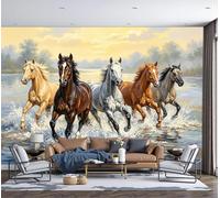 SMBHIAON Panoramic Wallpaper,Realistic Animals Silk Cloth Wall Murals,Wild Horses Galloping in The Water Mural Wallpaper for Living Room Bedroom Home Decoration,Brown,150 × 105 Cm