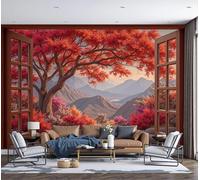 SMBHIAON Panoramic Wallpaper Realistic Style,3D Red Maple Tree Effect Photo Wallpaper,Red Mural Panoramic, Large Photo Mural 200 × 140 Cm for Bedroom Living Room Office Decoration