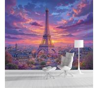SMBHIAON Panoramic Wallpaper,Romantic City Views Silk Cloth Wall Murals,Eiffel Tower Sunset in Paris Mural Wallpaper for Living Room Bedroom Home Decoration,Purple,400 × 280 Cm