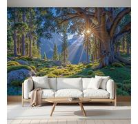 SMBHIAON Panoramic Wallpaper,Tranquil Forest Scene Silk Cloth Wall Murals,Sunlight Filters Through Treetops Casting Shadows Mural Wallpaper for Living Room Bedroom Home Decoration,Green,250 × 175 Cm