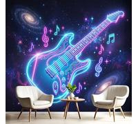SMBHIAON Papier Peint Panoramique 3D Cyberpunk Style 350 × 256 Cm Neon Electric Guitar Tapisserie Papier Peint Pour Chambre Salon Chambre Décoration Murale,Blue-Purple