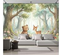 SMBHIAON Papier Peint Panoramique 3D Watercolor Forest Animals 250 × 175 cm Pine Trees Deer Bears Tapisserie Papier Peint Pour Chambre Salon Chambre Décoration Murale,Light Green