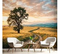 SMBHIAON Photo Wallpaper Golden Wheat Fields Lone Tree 300 × 210 Cm - Wall Mural Deco Non-Woven Art Print Wallpaper for Living Room - Bedroom Kitchen Wall Paper - Wheat Field Scenery At Dusk-Yellow