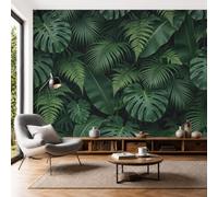SMBHIAON Photo Wallpaper Monstera Deliciosa Palm Leaf 450 × 315 cm | Wall Mural Deco Art Print Wallpaper for Living Room - Home Decoration Bedroom Wall Paper - Tropical Plants - Dark Green