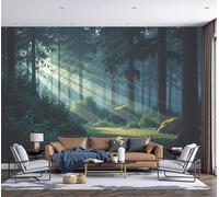 SMBHIAON Photo Wallpaper Mysterious Forest Scene 250 × 175 Cm - Sunlight Filtering Through The Trees Wall Mural Home Decoration Dark Green Murals Wall Art Modern Design Art Print Bedroom Living Room