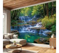 SMBHIAON Photo Wallpaper Natural Forest 250 × 175 Cm - Wall Mural Deco Waterfalls and Rock Formations Wallpaper for Living Room - Home Decoration Bedroom Kitchen Wall Paper - Dark Green