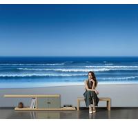 SMBHIAON Photo Wallpaper Seaside Scenery 400 × 280 Cm - Waves Beach Art Wall Mural Home Decoration Indigo Murals Wall Art Modern Design Art Print Bedroom Living Room