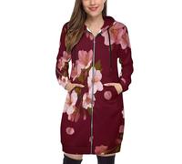 SMBHIAON Plus Size Zip Hoodie Women - Long Cherry Blossom Pattern Printed Hooded Cardigan With Pockets, Graphic Art Design Casual Warm Jacket For Teens & Ladies, S To 5Xl Deep Red