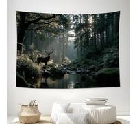 SMBHIAON Primeval Forest Landscape Tapestry Trees Deer Sunlight Tapestry Wall Hanging Green Wall Tapestries For Bedroom Living Room Dorm Backdrop Decor 230 X 180 Cm