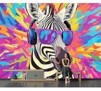 SMBHIAON Psychedelic Animal Illustrations Wallpaper Zebra Wearing Sunglasses Wall Murals for Bedroom Living Room Tv Backdrop Hallway Hall Lounge,200 × 140 Cm,Black White