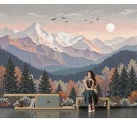 SMBHIAON Realistic Forest Scenery Wall Mural 3D Abstract Mountains Birds Wallpaper Large Orange-Green Wall Wallpaper for Living Room Bedroom 350 × 256 Cm