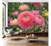 SMBHIAON Realistic Garden Photo Wallpaper,Pink Ranunculus Green Leaf Mural Wallpaper | Coral Powder Wall Art 3D Mural Decoration for Gaming Room Living Room Bedroom Kitchen Office,200 × 140 Cm