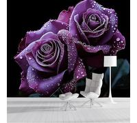 SMBHIAON Realistic Romance Murals, Water Droplets Purple Roses Wall Mural Wallpaper, Lavender Purple Wallpaper for Bedroom Living Room Decor 450 × 315 Cm (Not Self-Adhesive)