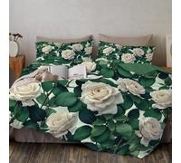 SMBHIAON Realistic Style Duvet Cover, Super King Bedding Set, White Roses And Green Leaf Patterns Queen Duvet With Zipper Closure And Corner Ties, Ultra Soft Breathable, Easy Care, Emerald